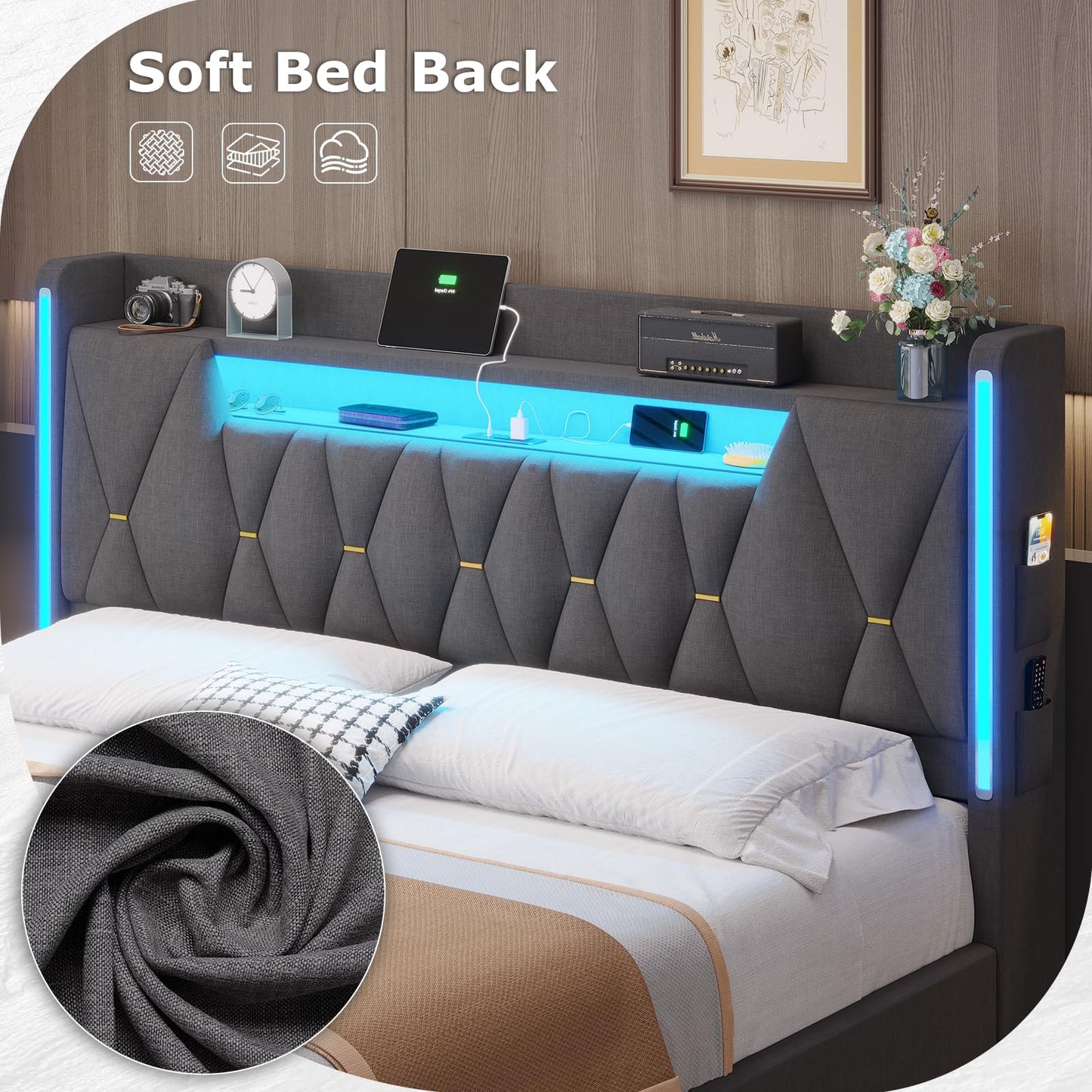 BYSAUD King Size Bed Frame with LED Lights & Charging Station, LED King Bed with Hidden Space and 2-Tier Shelves, Upholstered Metal Bed Frame with Headboard, No Box Spring Needed, Dark Gray, Linen
