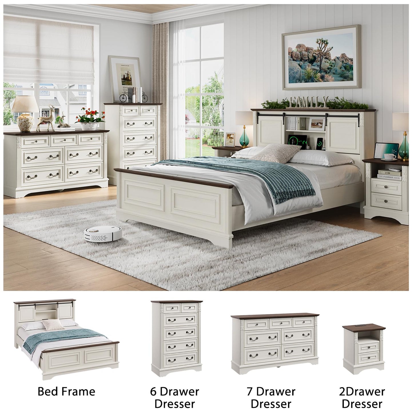 BLANKSPACE Queen Size Bed Frame with Storage Headboard, Charging Station, Bracket Footboard, Farmhouse Bed Frame with Bookcase and Sliding Barn Doors, Noiseless,（Antique White）