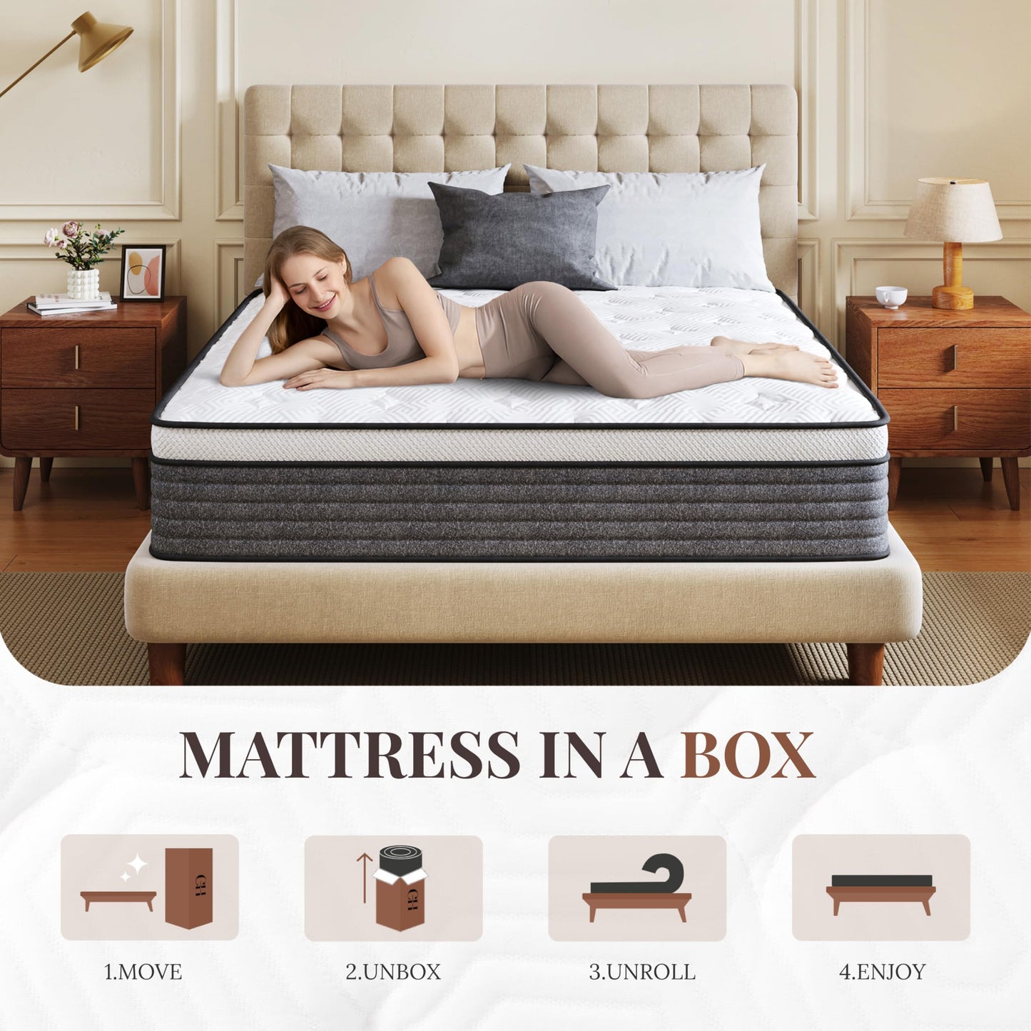 Queen Mattress, 12 Inch Queen Size Hybrid Mattresses in a Box , Medium Feel Foam and Individual Pocket Springs, Fiberglass Free Bed Mattress, Extra Edge Support, Pressure Relief, CertiPUR-US