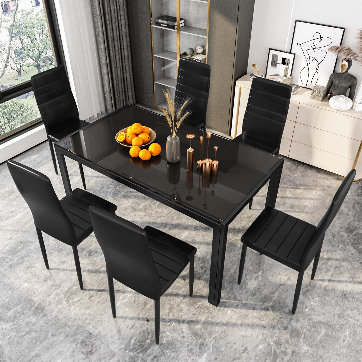 DKLGG 7-Piece Dining Table Set for 6, Tempered Glass Kitchen Table with PU Leather Chairs, Modern Dining Room Table Set for Small Space, Dinette, Apartment, Black