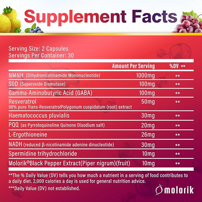 NMNH (Dihydronicotinamide Mononucleotide), 1000mg Per Serving NAD High Purity Supplement Alternative, Capsules Gluten Free, Non-GMO, for Anti-Aging, Energy, Focus - 064