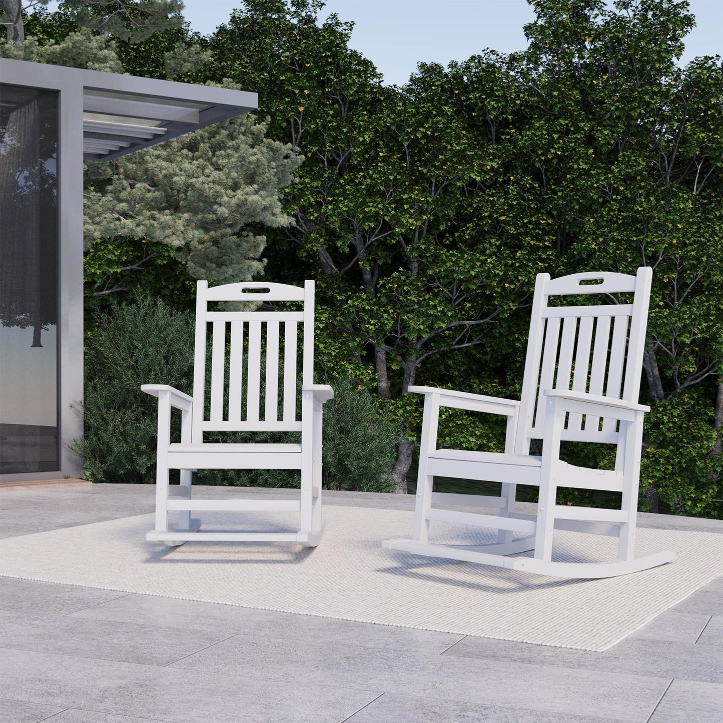 PLUUV Outdoor Rocking Chair, HDPE Patio Rocking Chairs with Footboard, All Weather Porch Rockers Outdoor for Adult, Effortless Installation, White