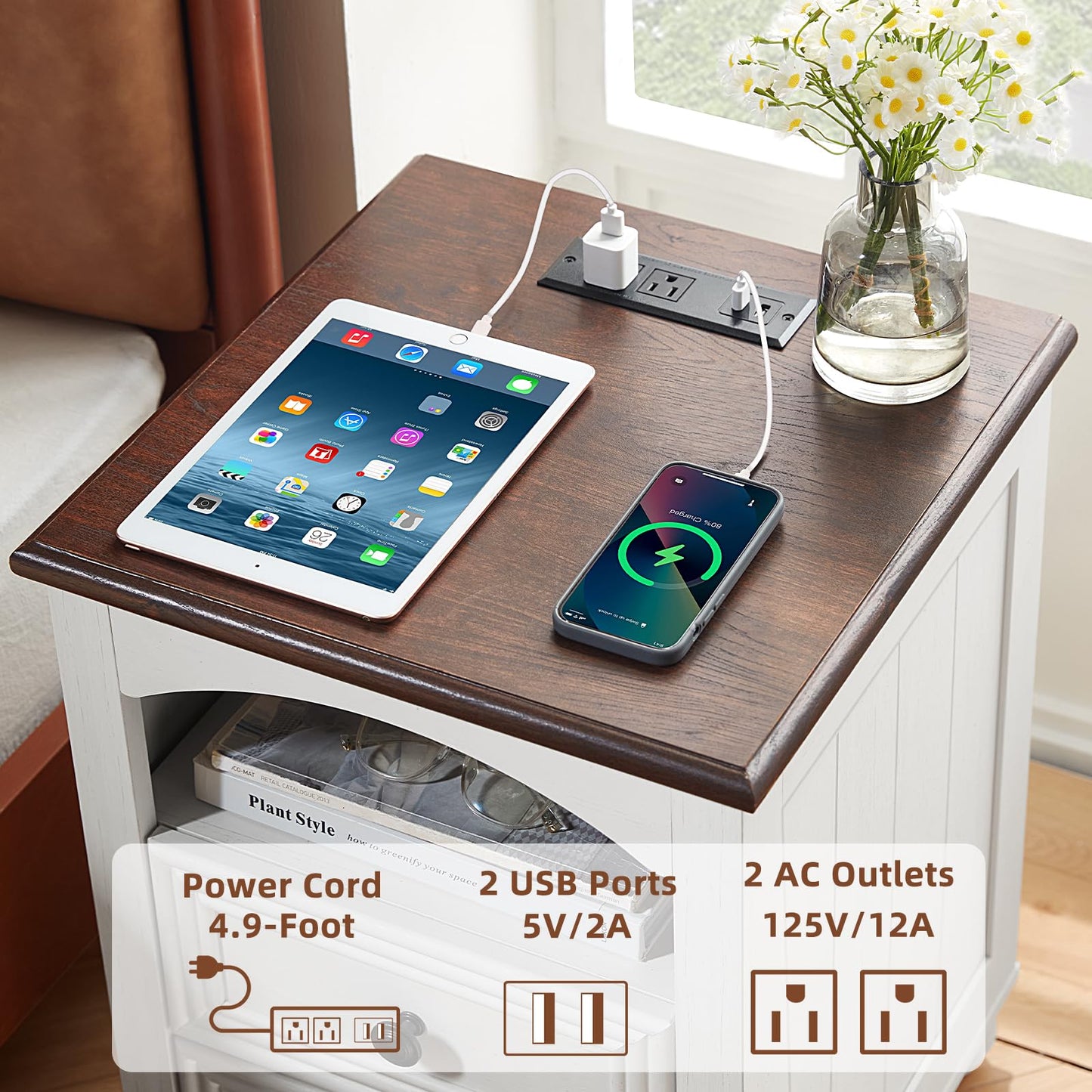 RWYHG 18" Farmhouse Night Stand with Charging Station, White Wood Nightstand with 2 Drawers, Bedside End Table with Shelf Storage, Bed Side Tables Cabinet for Bedroom, Living Room, and Closet