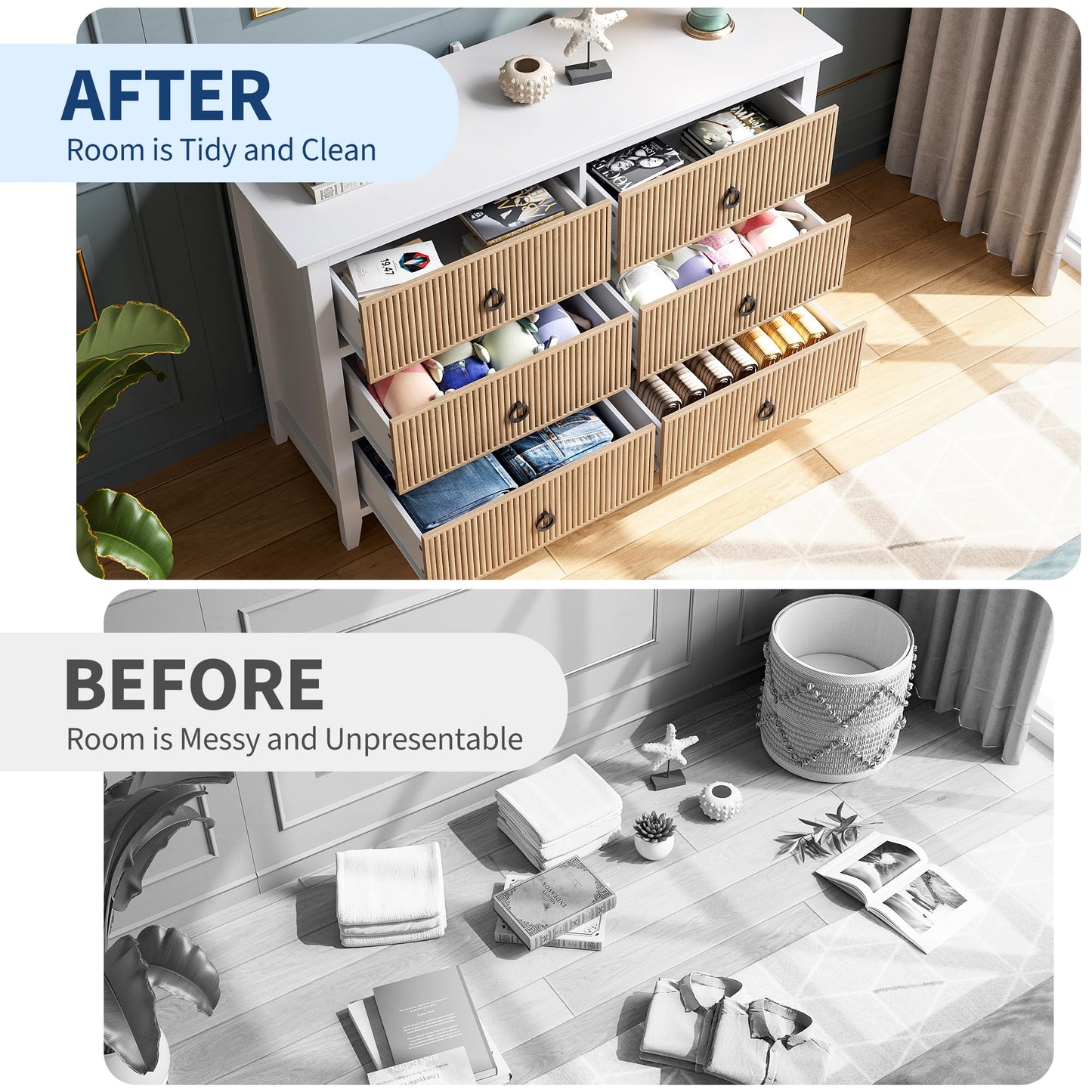 GAOMON 6 Drawer Dressers for Bedroom, Modern Long Dresser Chest with Large Drawer, Waveform Fluted Panel Design, Wooden Chest of Dresser Storage Cabinet Organizer, Antique Profile, Anti-Tipping