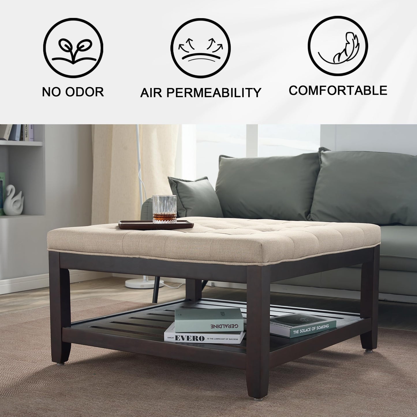adochr Linen Large Square Ottoman with Storage, Upholstered Button Tufted Ottoman for Living Room, Oversized Ottoman Coffee Table Footrest with Solid Wooden Square Tray, Light Brown