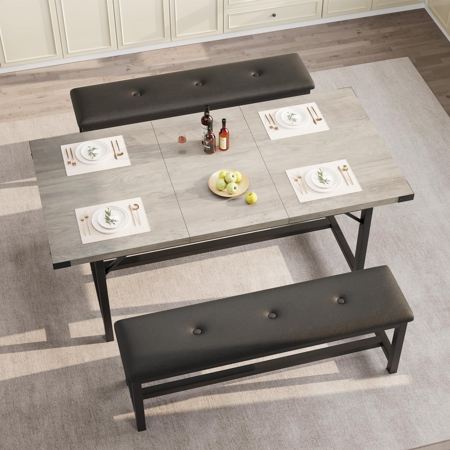 GarveeHome Dining Table Set for 4-6, 63" Large Extendable Dining Room Table Set for 6, Wood Rectangle Kitchen Table with 2 Soft Benches for Apartment, Small Space, Easy Assembly, Rustic Gray