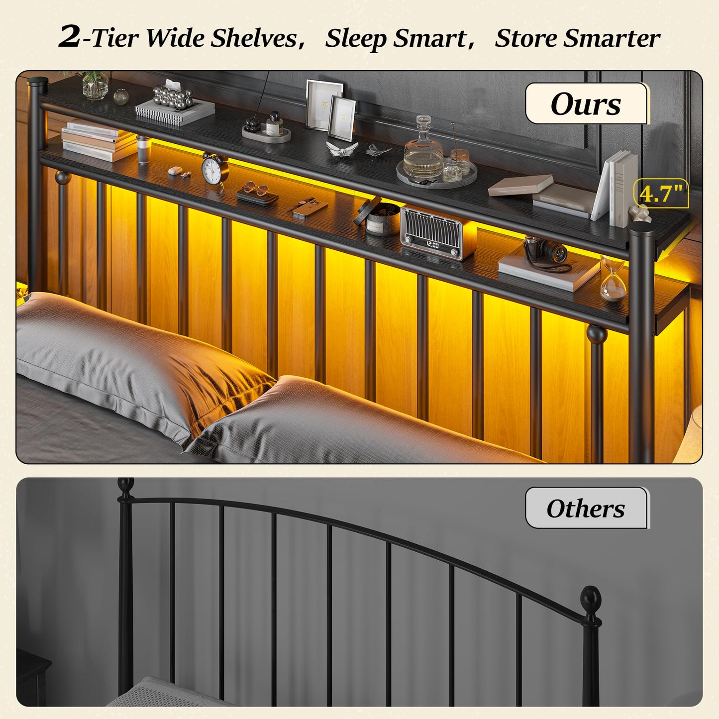 Homkdom Metal King Size Bed Frame and 2-Tier Storage Headboard, Bed Frame King Size with LED Light, Victorian Mattress Foundation Under Bed Storage/No Box Spring Needed/Noise-Free/Easy Assembly, Black
