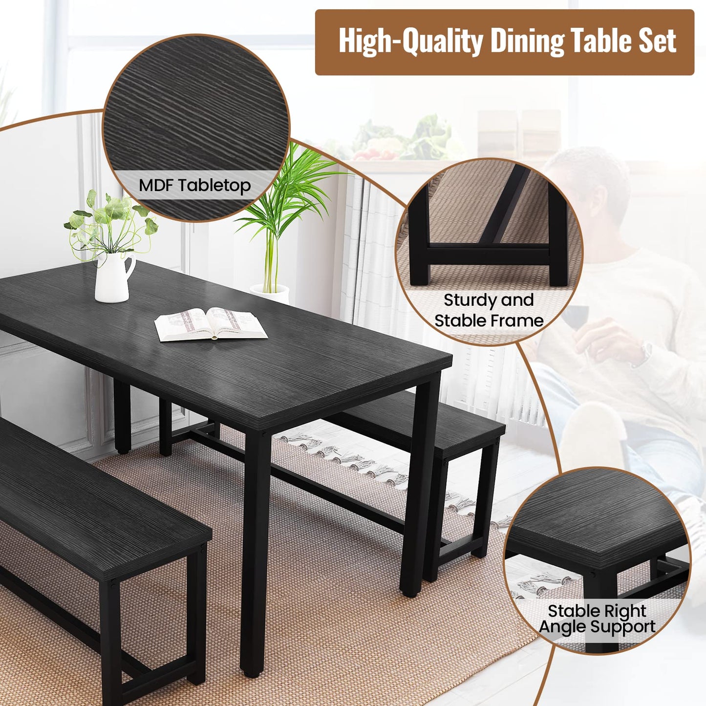 Recaceik Dining Table Set for 4 Kitchen Table Set with 2 Dining Benches, 3 Piece Farmhouse Dining Room Table Set Industrial Breakfast Nook Table Set for Small Space, Apartment, Black