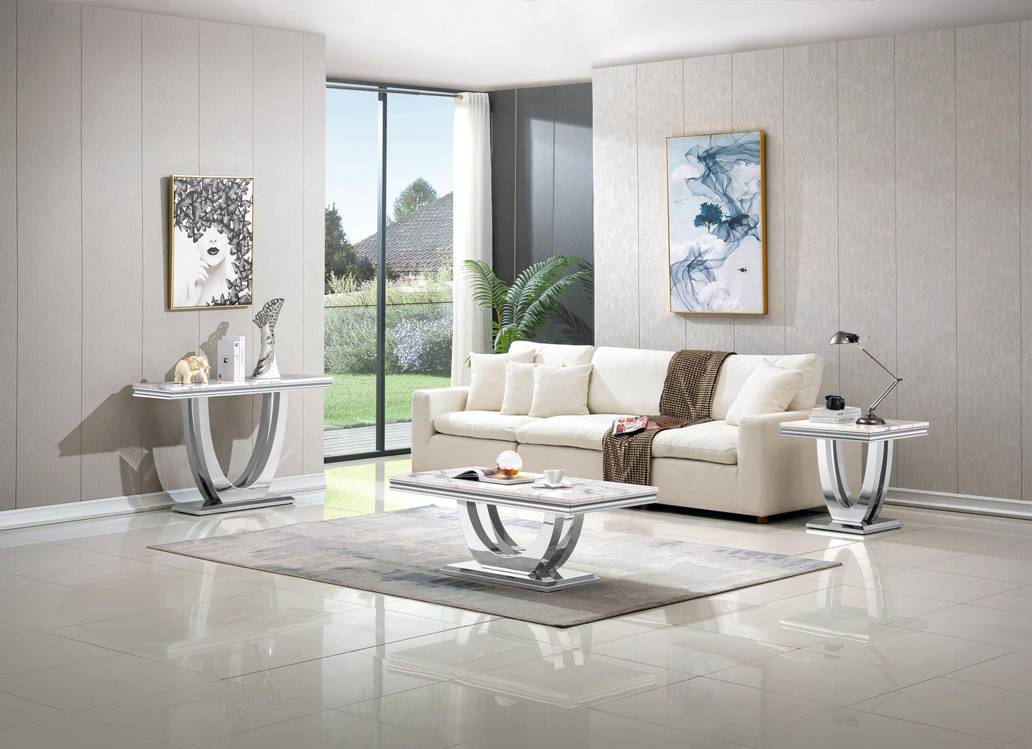 Modern Marble Coffee Table with Stainless Steel Pedestal, 47" Luxury Silver Coffee Table for Living Room, Unique Faux Marble Cocktail Table Rectangle Funky Coffee Center Tables for Living Room