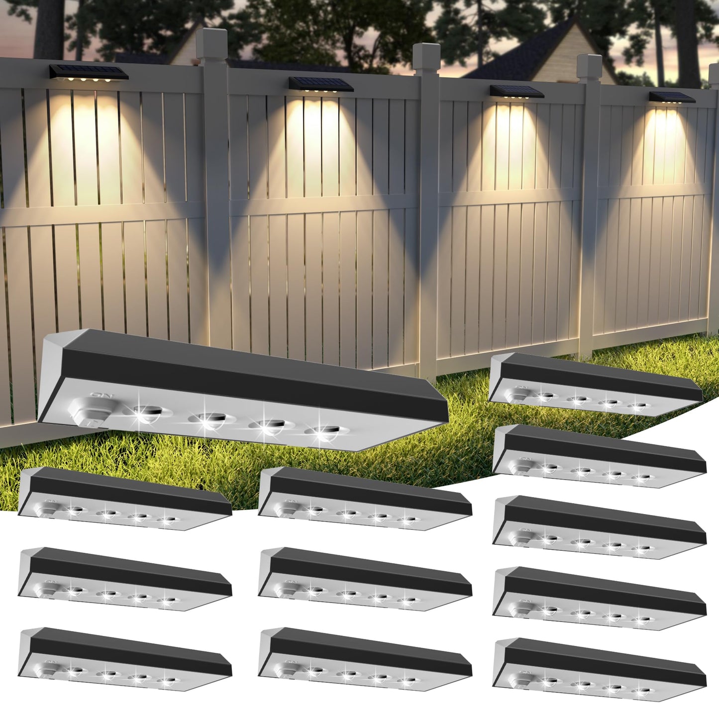 NIORSUN Solar Fence Lights 12 Pack, 3000K Warm White with 4 Spot Lenses, 100 Lumens Wider Coverage, IP65 Waterproof, Auto On/Off, Peel and Stick for Fence, Deck, Wall, Garden
