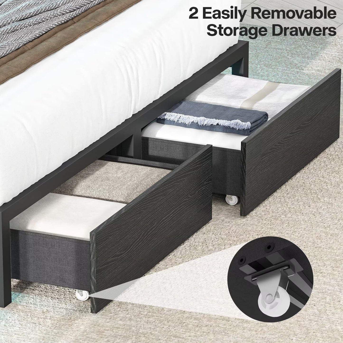 Siihnon Full Size Bed Frame with Bookcase Headboard and Storage Drawers, 51.2" Metal Platform Full Bed Frame with Charging Station and LED Lights, Velvet Upholstered Tufted Bed Frames, Black