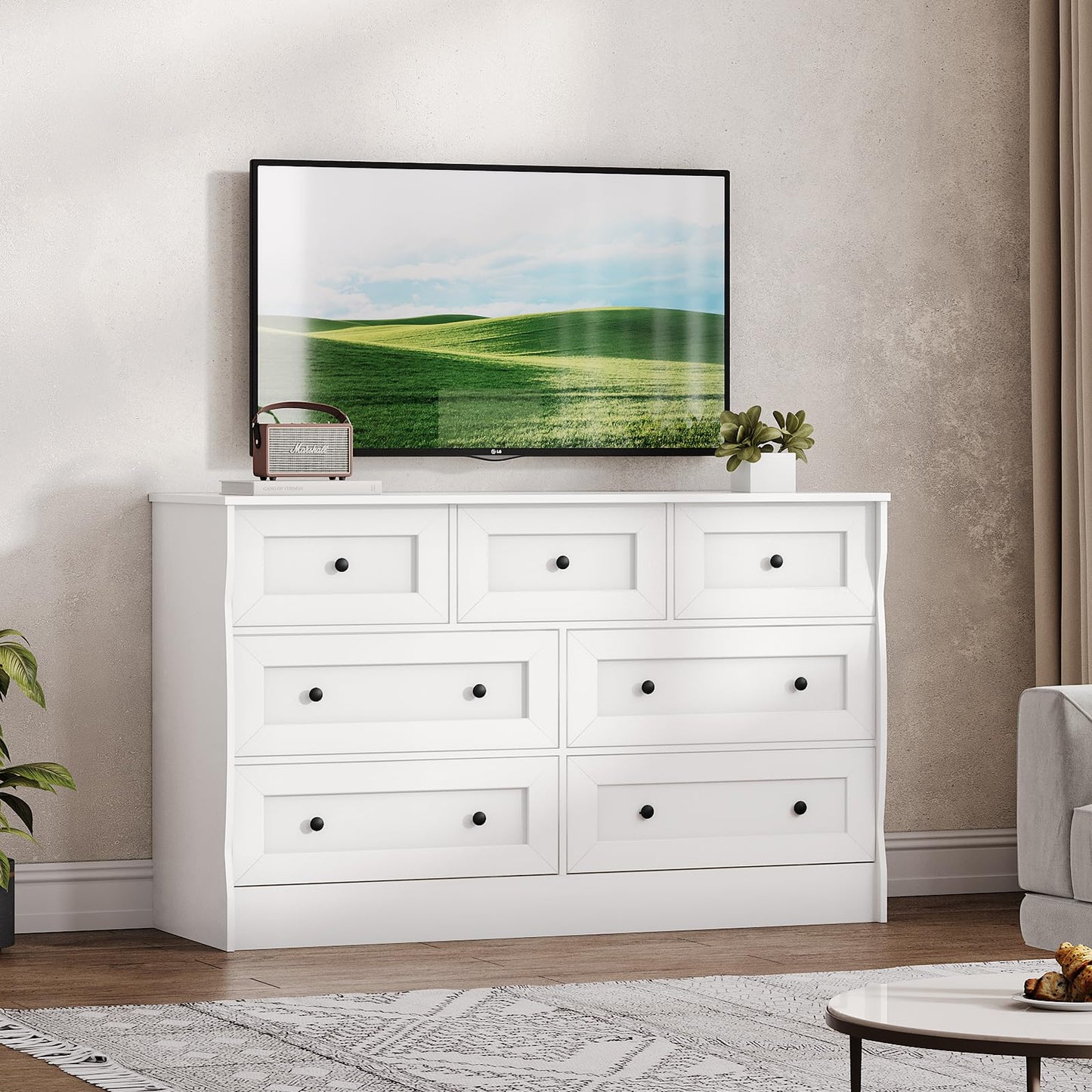 HOOBRO White Dresser for Bedroom, Farmhouse 7 Drawers Dresser, Chest of Drawers with Storage, Minimalist Style, Dressers Organizer for Bedroom, Living Room, Hallway, Entryway, White