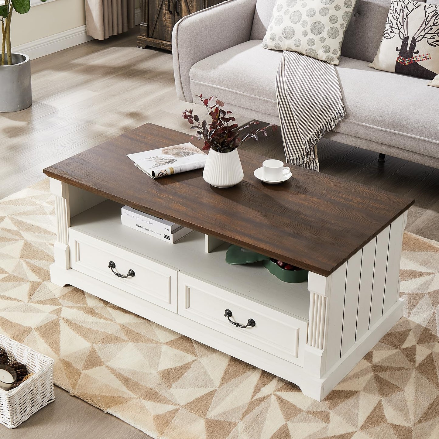 Minifeel 48'' Wood Coffee Table for Living Room, Farmhouse Coffee Table with Storage, Rustic Center Table for Living Room with 4 Drawers, Farmhouse & Industrial Cocktail Table for Home