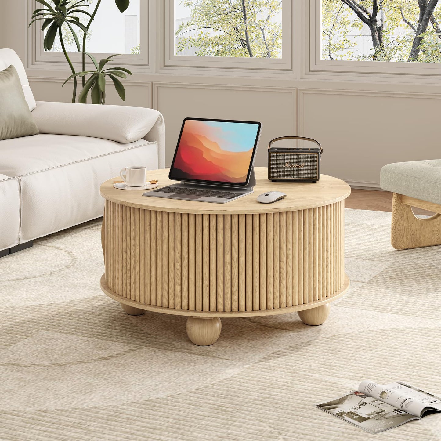 JOINICE, Round Coffee Table with Storage, 31.5" Mid-Century Modern Center Table with Sliding Door, Fluted Lift Up Coffee Table with Bun Feet, Wood Coffee Tables for Living Room, Home Small Space, Oak