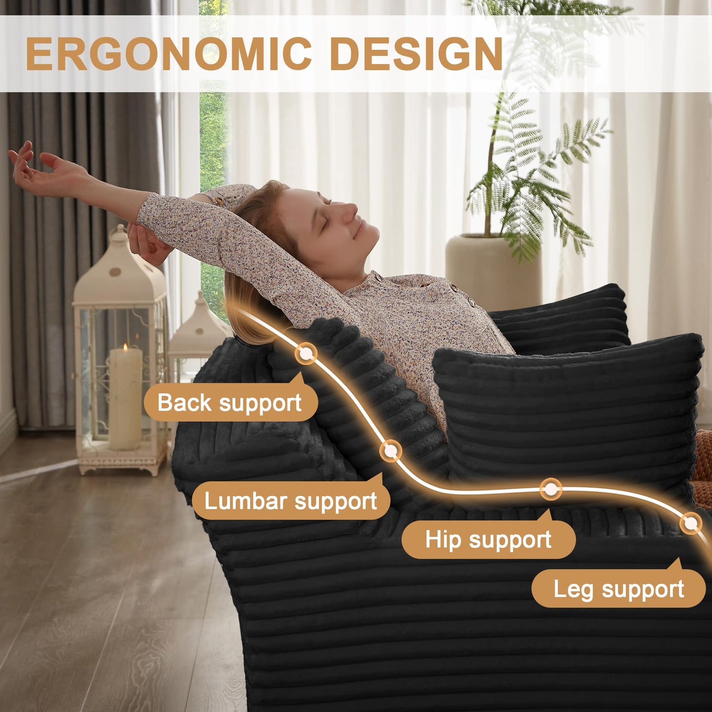 Chorlenimi Boneless Couch Sofa Chiar Chaise Lounge Chair Indoor Upholstered Corduroy Couch Cloud Sleeper Sofa Oversized Reading Chair for Living Room No Assembly Required (Black, 50" W x 67" D)