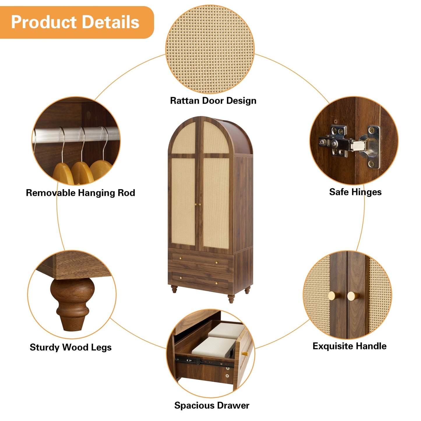 QEIUZON Wardrobe Closet, Arched Rattan Wardrobe Cabinet with Hanging Rod & 2 Drawers, 75" Freestanding Storage Cabinet for Living Room, Laundry Room (Walnut)
