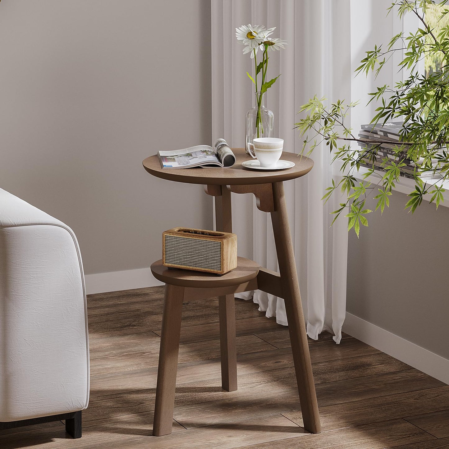 ChooChoo Round End Table for Small Spaces, Narrow Side Table, Accent Table Night Stand with 2 Tier Shelf for Bedroom and Living Room, Walnut