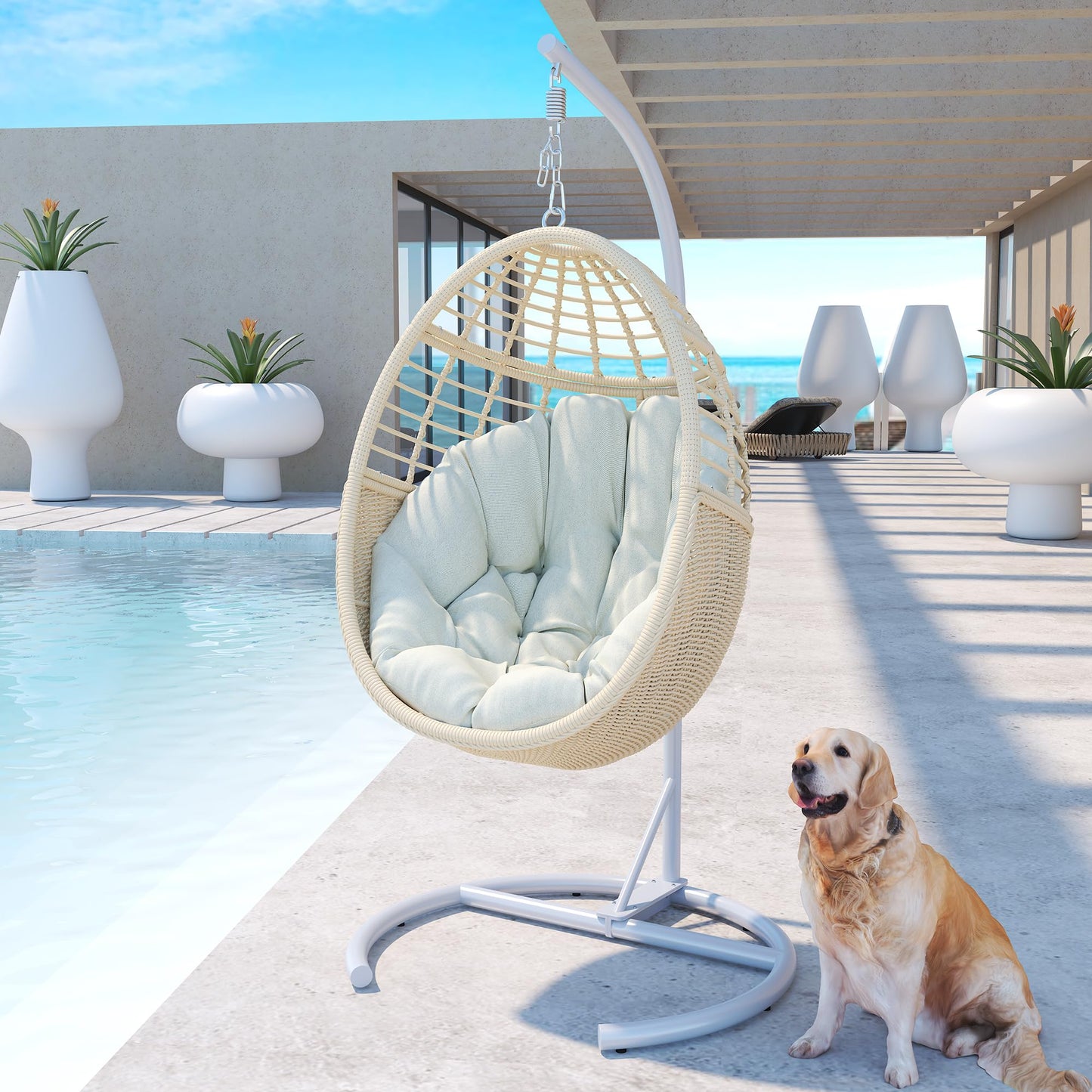 Erotr Egg Swing Chair with Stand: Hand Woven PE Rattan Hanging Chairs Hammock - Indoor Outdoor Swinging Lounger with Soft Cushion for 330lbs Patio Balcony Garden Living Room Bedroom Porch, Beige