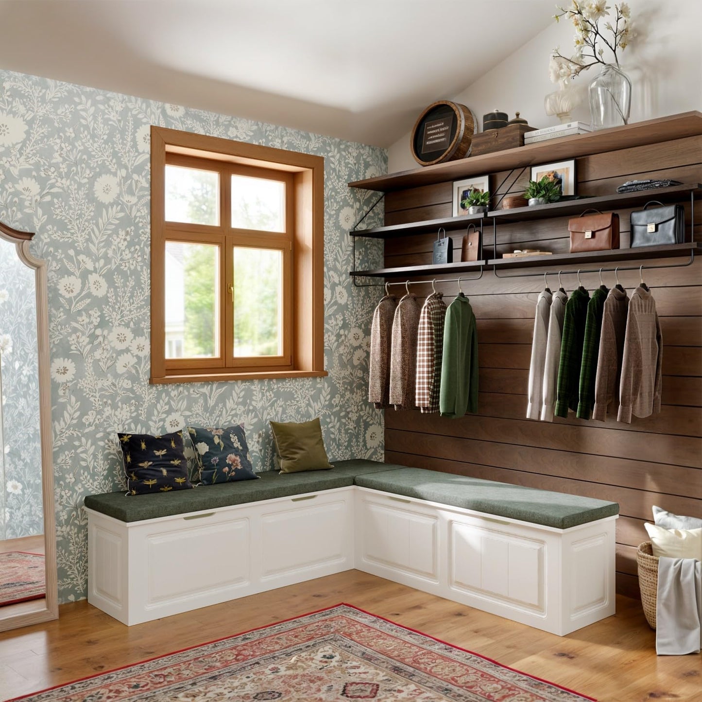 TAMUNE L Shape Storage Bench, Kitchen Breakfast Nook Bench, Backless Corner Bench Nook with Storage, Shoe Benches with Cushion for Entryway Cloakroom, White and Grey, 63”D x 63”W x 18.3”H