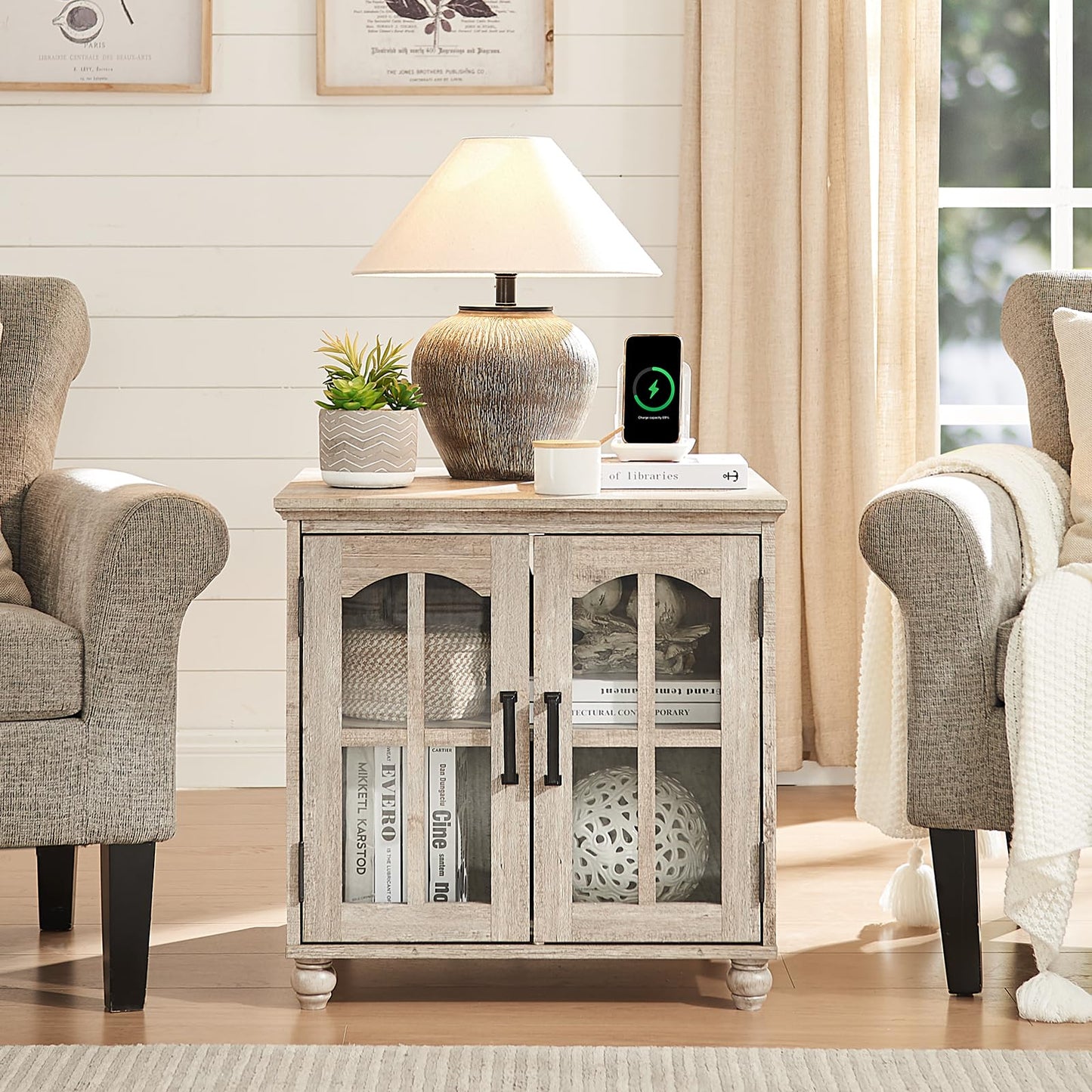 RWYHG Farmhouse End Table with Charging Station,24" Large Sofa Side Table with Glass Barn Door,Rustic Wood Night Stand with Adjustable Storage Shelf,Square Bedside Table for Living Room,Bedroom Office