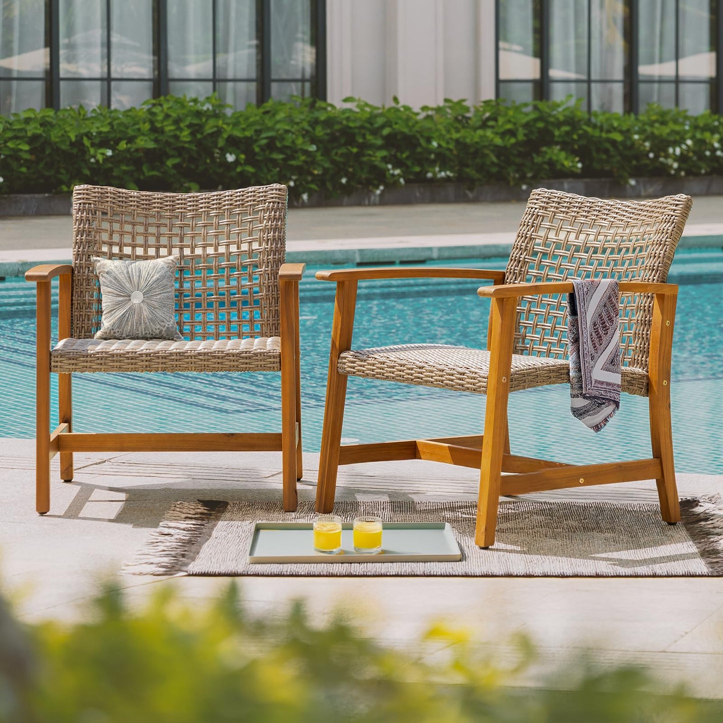 IDZO Liberte 500lbs Capacity Acacia Outdoor Club Chairs Set of 2, FSC Teak Finish Wood Upgraded Patio Furniture Sets with Upgraded 2000Hours UV Resistant Wicker