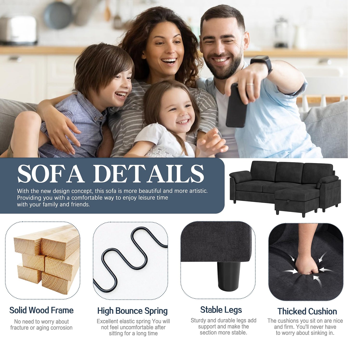 Meilocar Sectional Sofa Couch for Living Room, 79" Sectional Couches with Storage Ottoman, L Shaped Couch with Armrests Side Storage Pockage, 3-Seat Sofa Couches for Apartment, Black