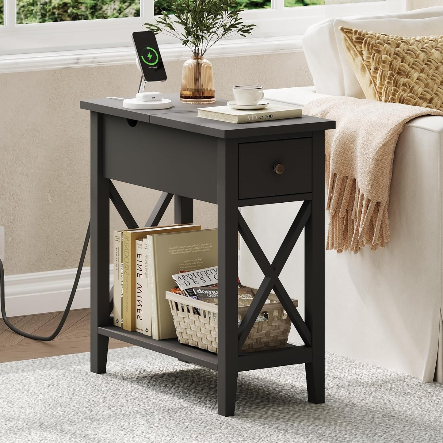 ChooChoo End Table Set of 2 with Charging Station, Narrow End Table with USB Ports and Outlets, Small Side Table Nightstand with Drawer for Living Room, Bedroom, Black