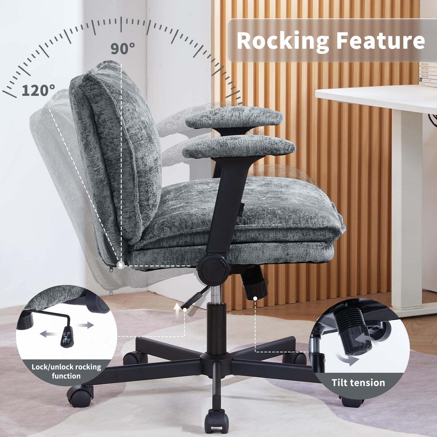FanciSpot Cross Legged Office Chair with Wheels and Adjustable Flip-Arms, Criss Cross Desk Chair with Thick Cushion, Wide Seat Chair for Home Office, Apartment, Bedroom, Grey