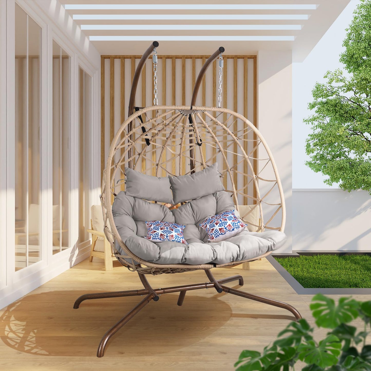 NOBLEMOOD Outdoor Egg Swing Chair with Stand, 2 Person Patio Swing Chairs with Thick Cushions and Pillows, Wicker Double Egg Chair Swing for Indoor Bedroom
