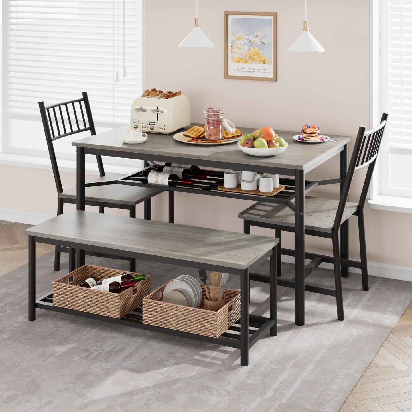 GAOMON Dining Table Set for 4 with Bench and 2 Chairs, Rectangular Kitchen Table Set with Wine Rack, Dining Room Table Set for 4 with Storage Benches for Small Space, Apartment, Rusric Grey