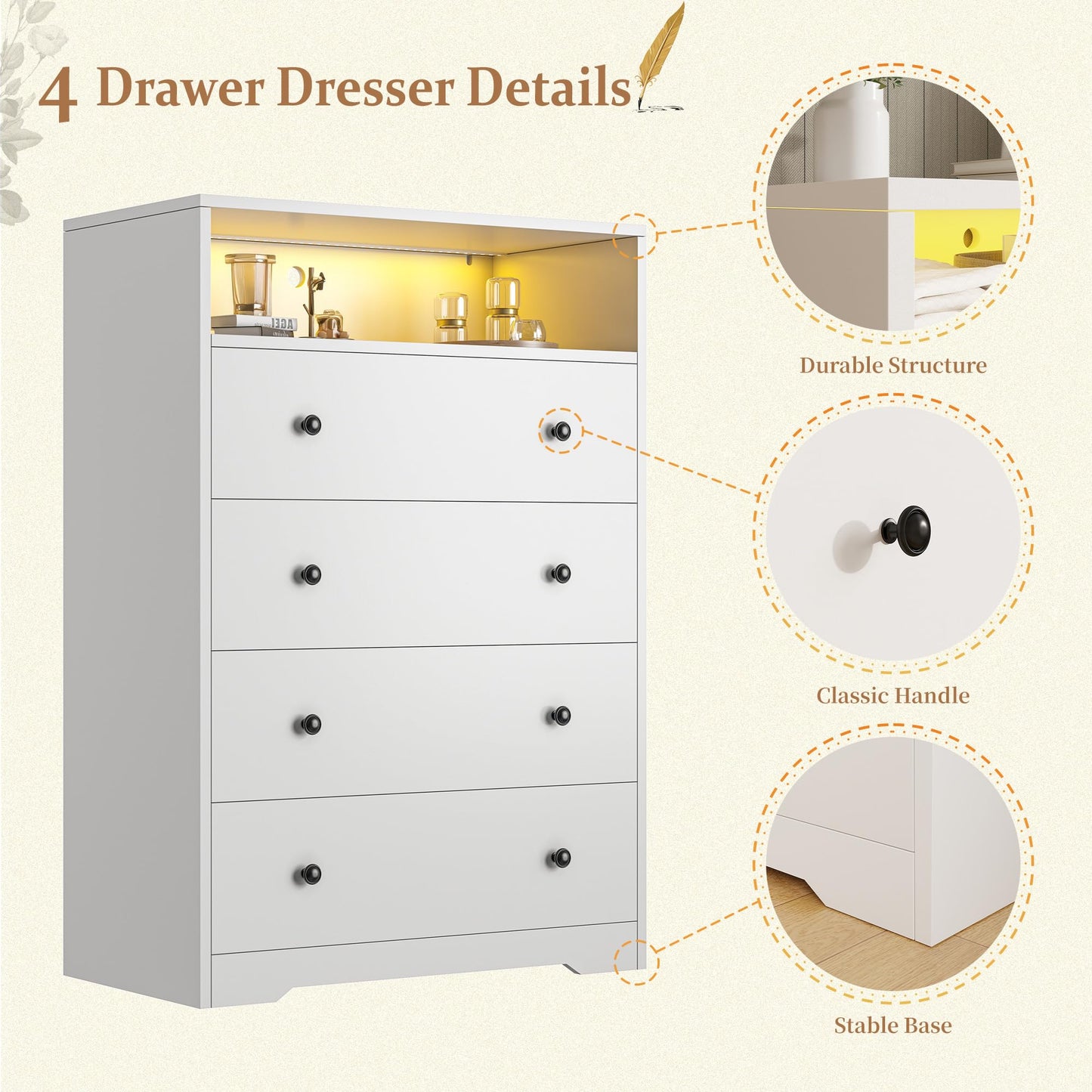 Homkdom White Dresser with LED Light, Tall Dresser with 4 Drawers & 1 Shelves, Chest of Drawers for Bedroom, Hallway, Entryway, 43.4" H x 27.6" W x15.8 D