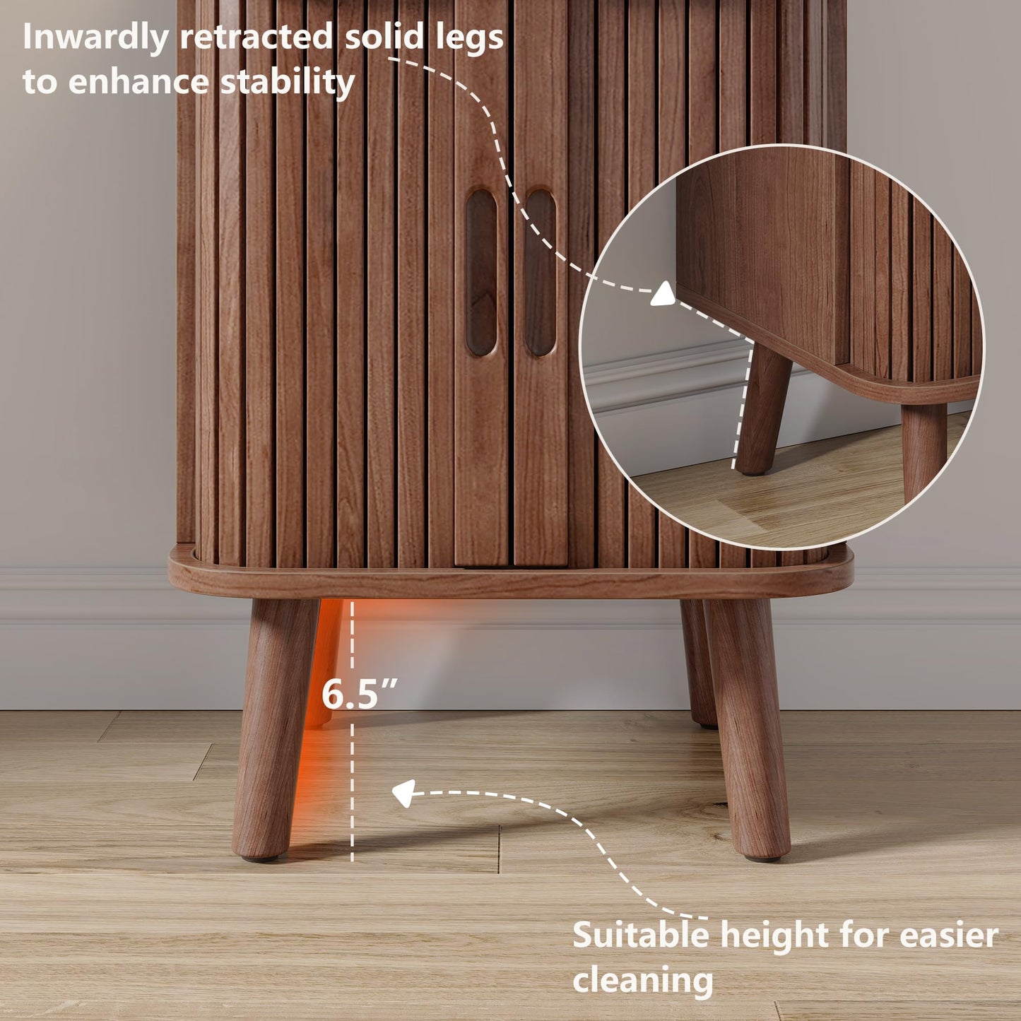 Alohappy Fluted End Table Set of 2, Mid Century Modern Nightstand with Sliding Tambour Door, Curved Round Edge Wood Bedside Table for Bedroom, Side Tables with Storage for Living Room, Walnut