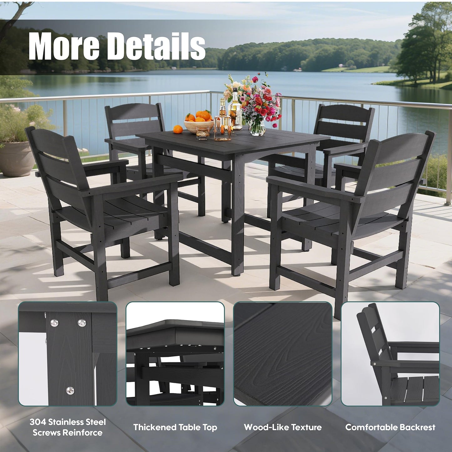 Congfutt HIPS All-Weather Patio Dining Table Sets 5-Piece,Outdoor Table and Chairs,Dining Furniture Set with Umbrella Hole,Patio Table and Chairs Sets for 4|for Lawn, Garden, Backyard, Poolside