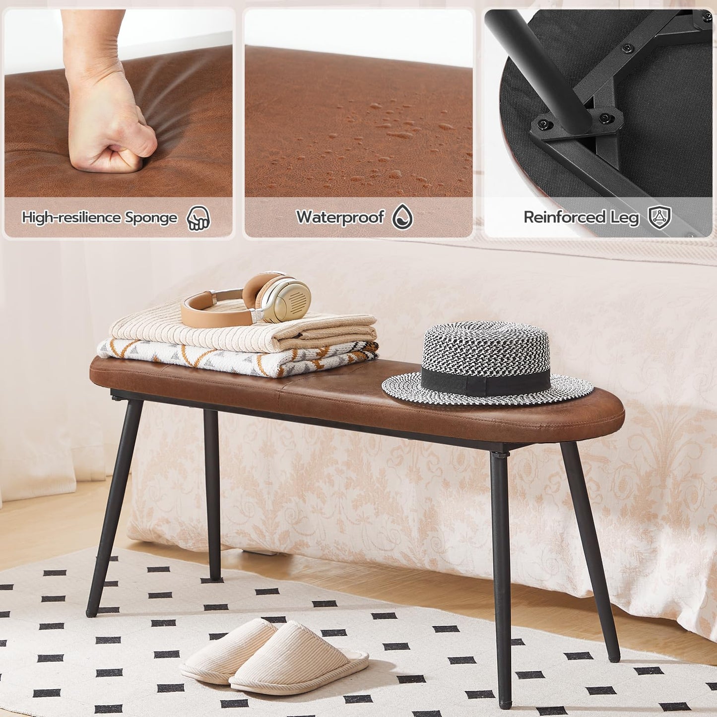 HOOBRO Dining Bench, Dining Room Bench, Upholstered Bench, with PU Leather Padded Seat, Steel Frame, Easy to Assemble, for Kitchen, Dining Room, Hallway, Bedroom, Entryway, Brown and Black CB100CD01
