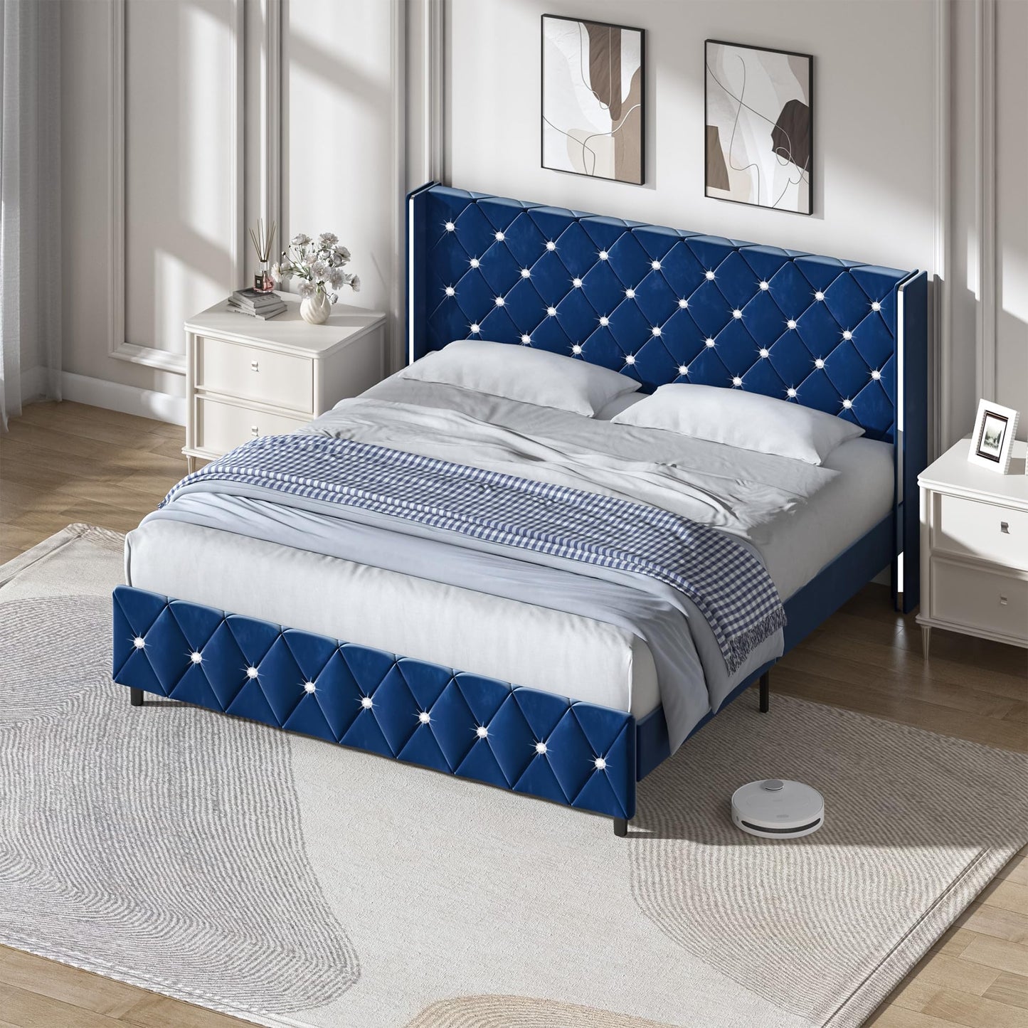 HOMBCK King Bed Frame with Headboard, Velvet Upholstered Bed with Diamond Tufted Design Design, Modern King Size Bed with Wingback, No Box Spring Needed, Easy Assembly, Blue