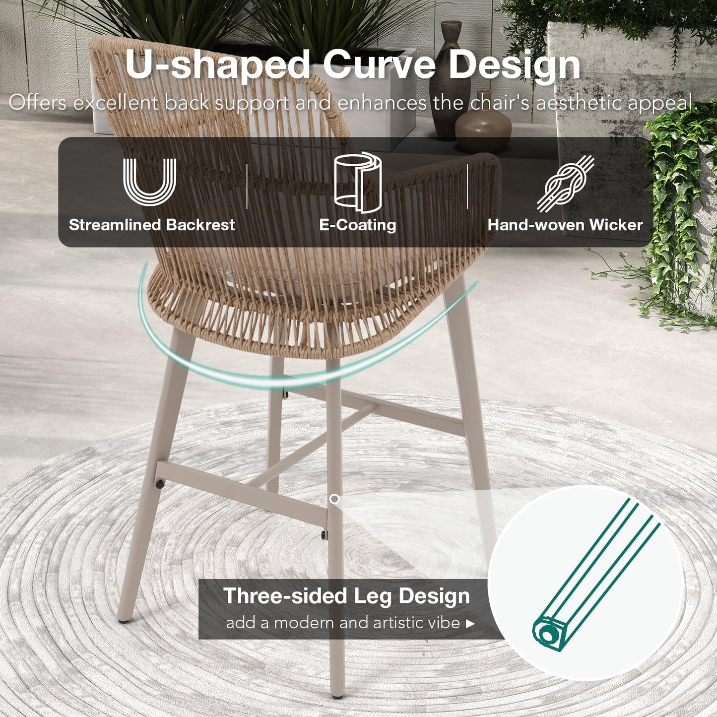 Patiorama Outdoor Bar Stools Set of 2, 46"" Counter Height Bar Stools Chair w/Woven Rope Back and Arm, Patio Metal Modern Wicker Bar Chairs, Rattan Bar Stool for Kitchen Island, Pool, Indoor,Beige