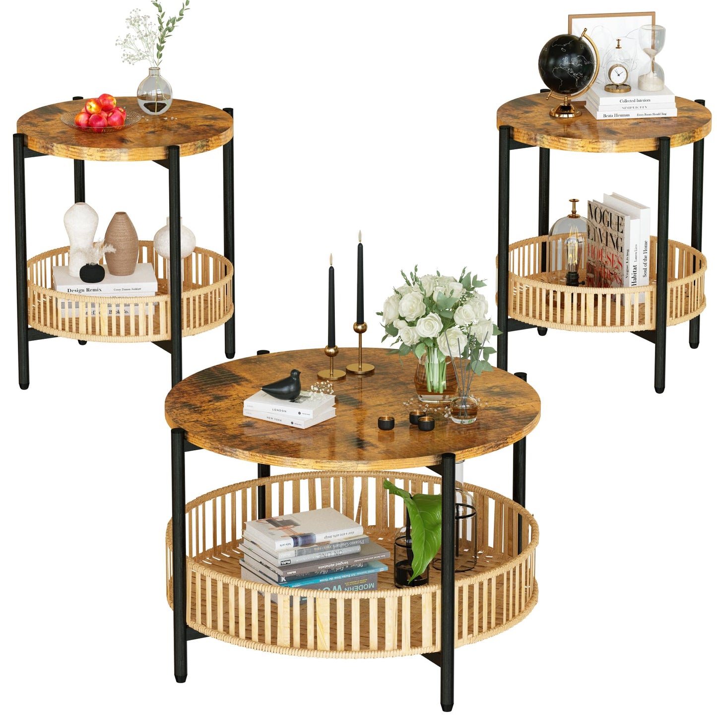 Lamerge 3 Pieces Coffee Table Set for Living Room, Boho Living Room Table Set with Rattan Storage Shelf and Metal Frame, Round Coffee Table & 2 End Side Tables for Apartment Home Office