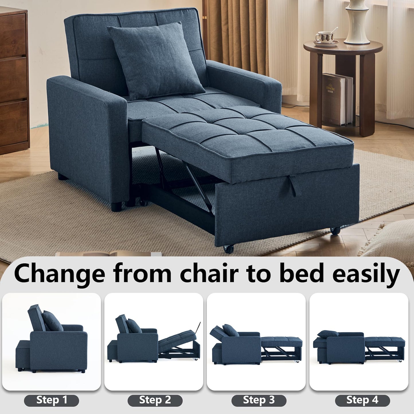 Yosonch Sofa Bed Chair Convertible ，Sleeper Sofa with Pull-Out Bed ，3-in-1 Futon Couch with Reclining Backrest and Side Pocket (Blue, 35.6‘)