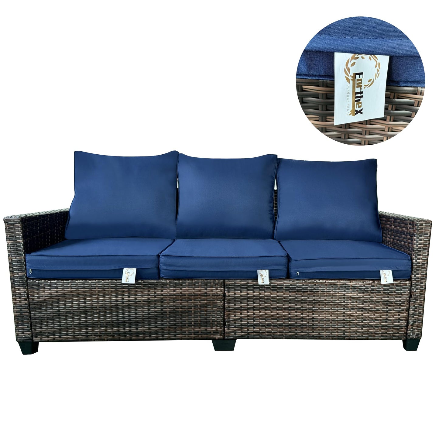 EortheX Outdoor Patio Sofa, 3-Seat Rattan Wicker Couch for Garden Deck or Porch, Comfortable All-Weather Patio Furniture with Anti-Slip Cushions (Blue)