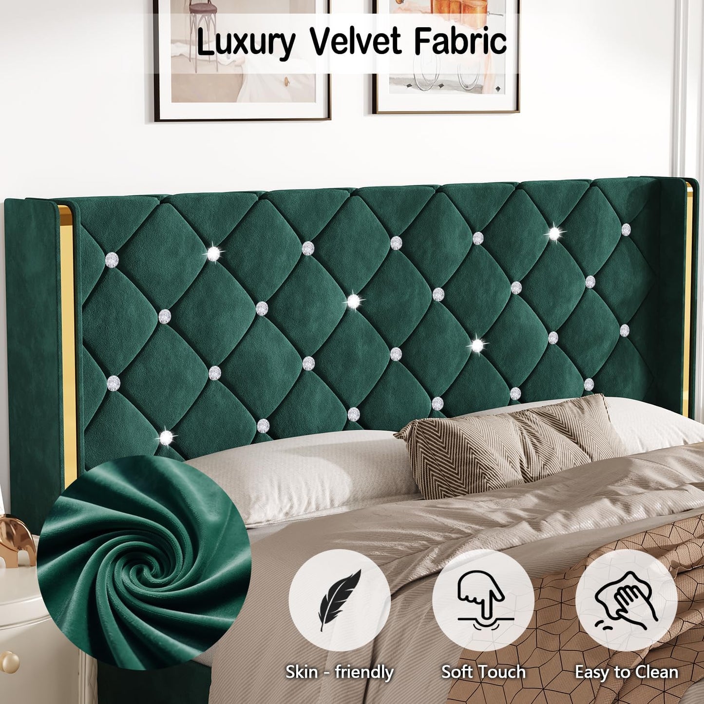 HOMBCK Queen Size Bed Frame with Headboard, Velvet Upholstered Platform Bed Frame Queen with Wingback and Diamond Headboard, Wood Slat Support, No Box Spring Needed, Easy Assembly, Green