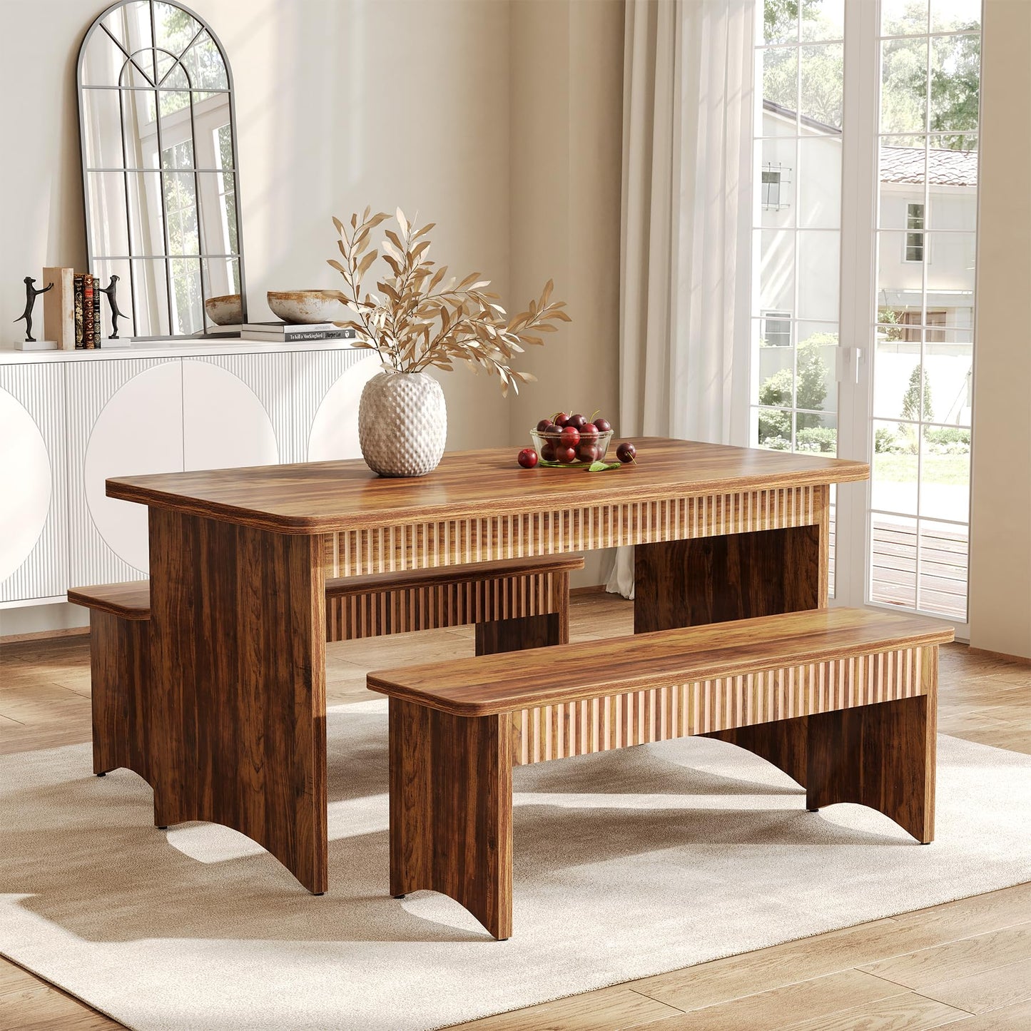 LITTLE TREE 55" Dining Table with 2 Benches, Dining Table Set for 4-6 People, Farmhouse Kitchen Table with Bench, Dining Room Table Set