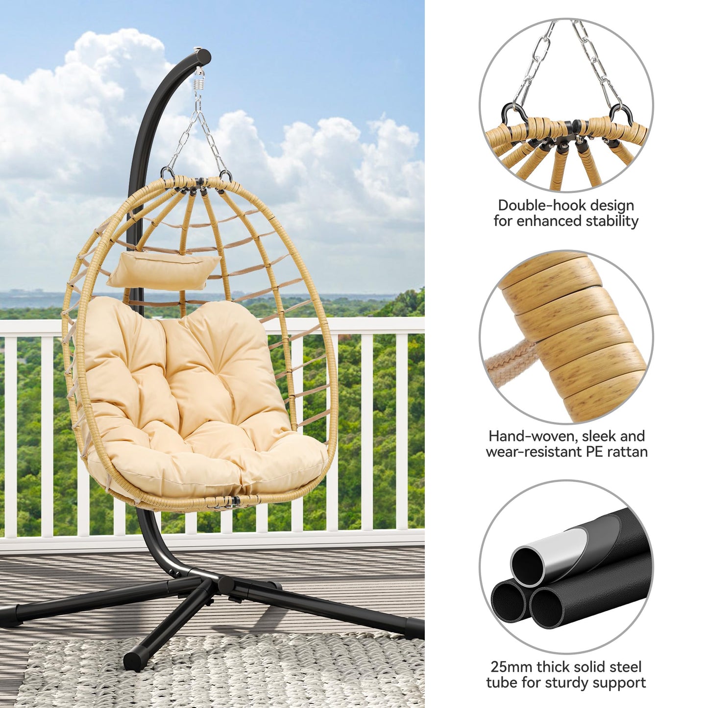 YITAHOME Egg Chair Swing Hanging Outdoor Wicker Hammock Chairs Indoor with Steel Stand UV Resistant Cushion 330lbs for Patio, Bedroom, Garden and Balcony - Beige