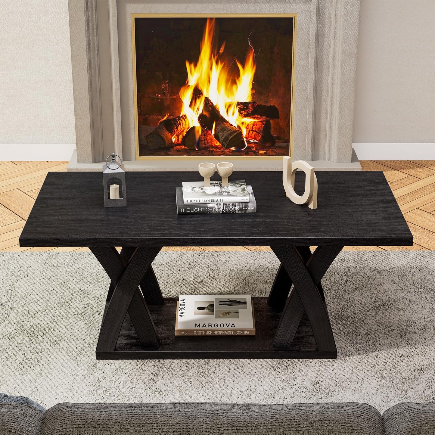 FROMJBEST Farmhouse Coffee Table with Shelf, Mordern CoffeeTable, Black Coffee Table Living Room, Living Room Tables,47” Black with Grey