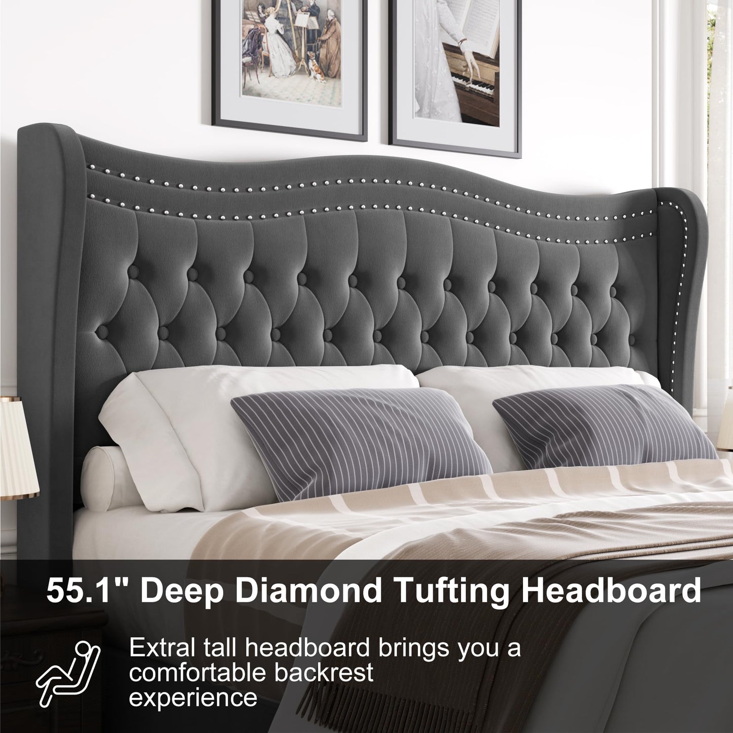 VINTLJUS Queen Bed Frame with Tall Headboard & Footboard, Velvet Upholstered Platform Bed Frame with Deep Button Tufted Wingback, No Box Spring Needed, Noise Free, Grey