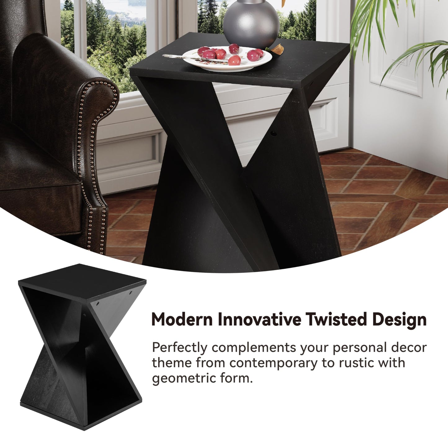 COZAYH Farmhouse End Table Square Solid Wood Pedestal Side Table Rustic Plant Stand with Twisted Design for Living Room, Bedroom, Office, Black