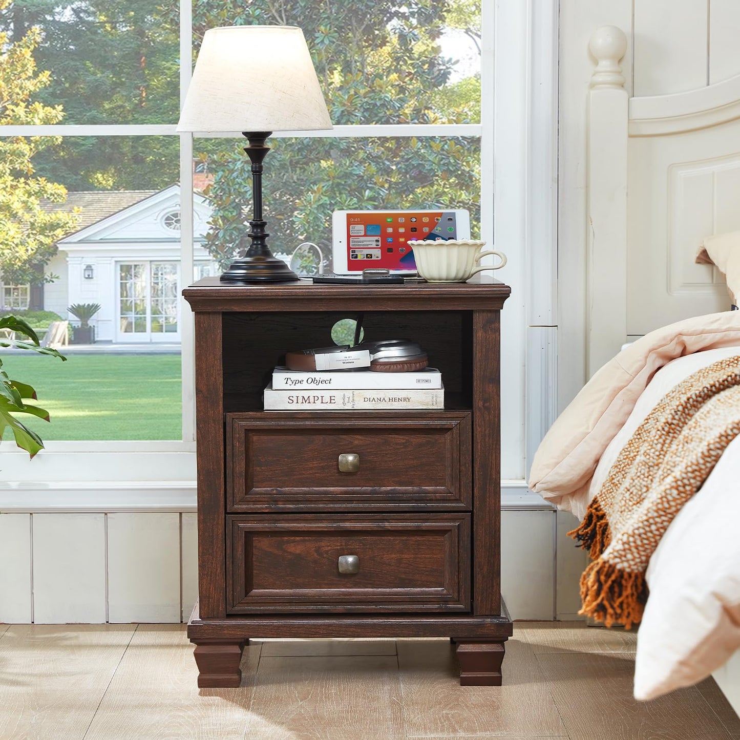 SAVOR LIFE Farmhouse Nightstand Set of 2 with Charging Station, Rustic Brown Nightstand,2 Drawers End Table for Living Room,Bedside Table with Open Shelf for Bed Room,Walnut