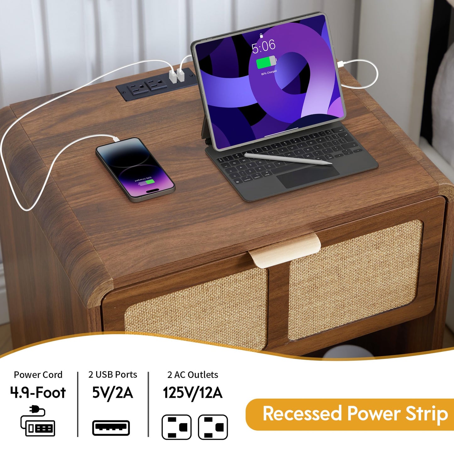 LEVNARY Nightstand Set of 2, Mid-Century Modern Bedside Table with Charging Station and Fabric-Like Textured Drawer, Wooden End Table for Farmhouse Bedroom Living Room (2, Walnut)