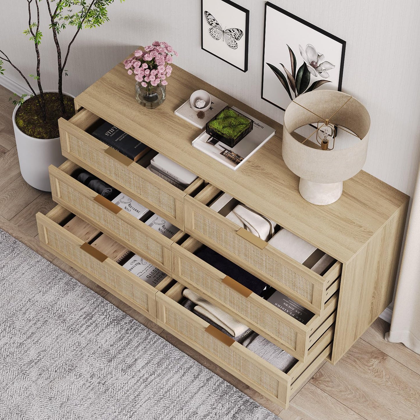 51" Rattan Dresser for Bedroom, 6 Drawer Wide Dresser, Boho&Farmhouse Chest of Drawers, Clothes Storage Cabinet, Metal Handle&Wood Legs for Hallway, Living Room, Bedroom, Wood