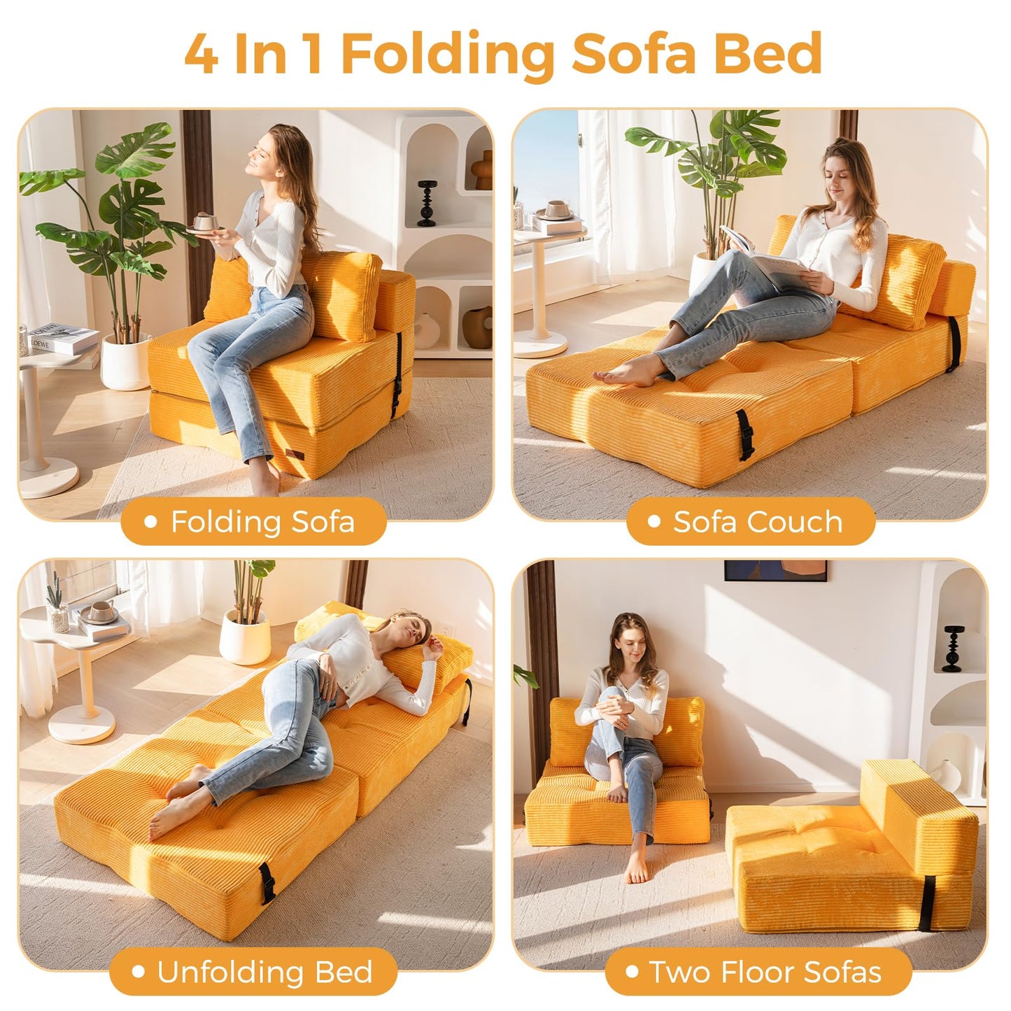 MAXYOYO Folding Sofa Bed, Convertible Sofa Bed with High-Density Support Foam, Portable 4 in 1 Fold Out Chair to Floor Lounger, Versatile Floor Couch for Living Room Bedroom, Orange