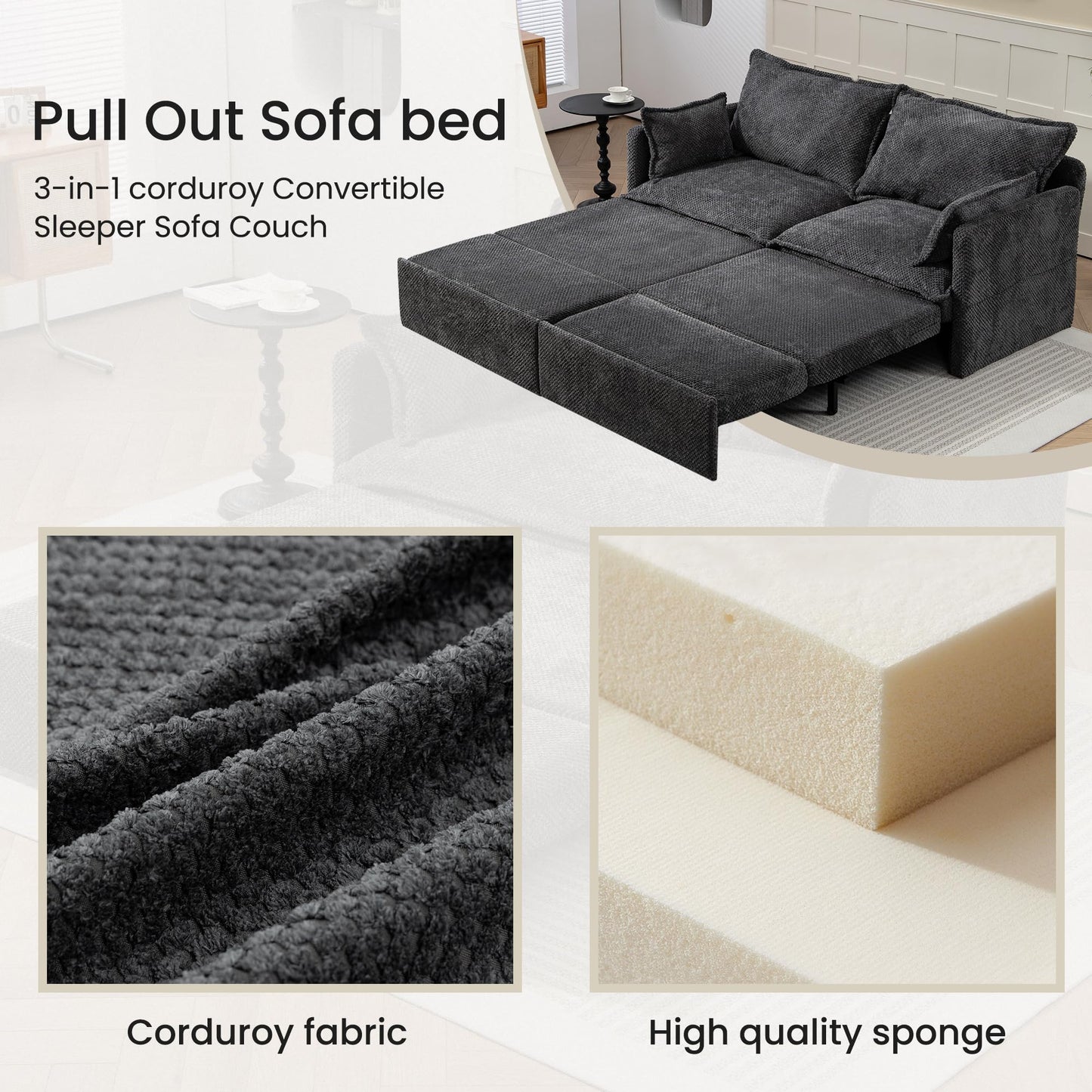 GRAINLLE King Size Pull Out Couch Bed,Convertible Loveseat Sleeper Sofa Couch with Pull-Out Bed, USB Charging & Side Storage,3-in-1 Corduroy Sleeper Sofa Bed for Living Room, Bedroom(Grey, 73.6'')